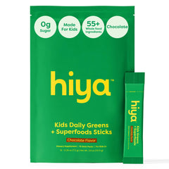Hiya Kids Greens Powder Sticks packaging showcases chocolate flavor for everyday mixing.