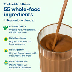 Hiya Kids Greens Powder Sticks spoonful highlights no added sugar and tasty chocolate.