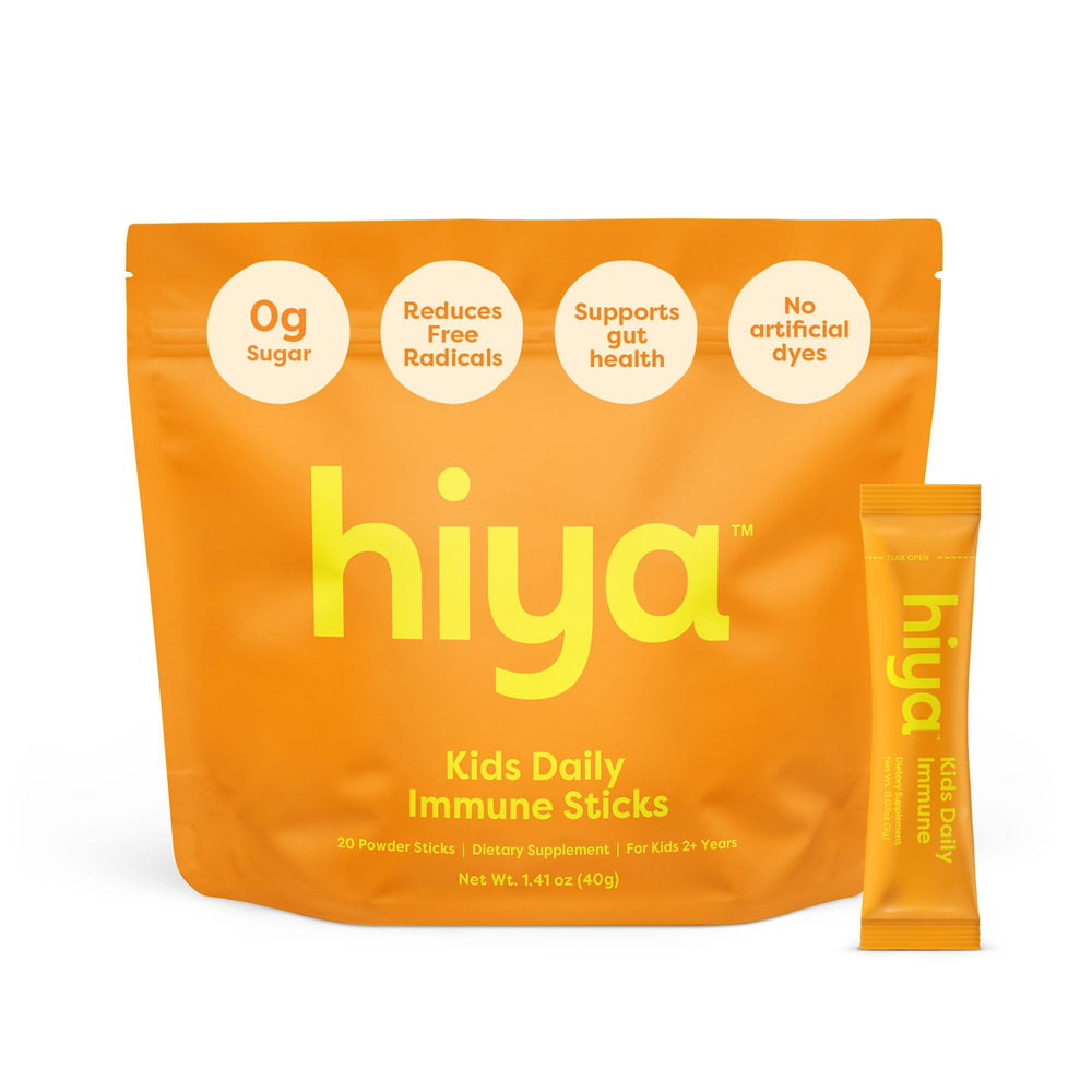 Hiya Kids Immune Support packaging highlights sugar-free orange formula.