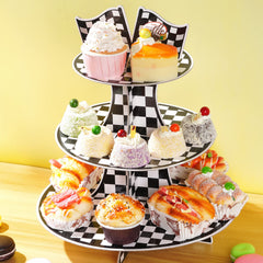 Hmxpls checkered cupcake stand side view highlights bold race-themed presentation.