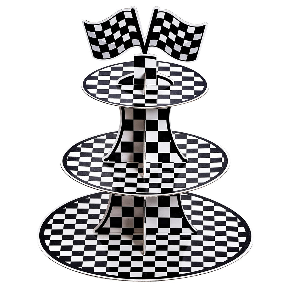Hmxpls racing car stand top tier view displaying cupcakes on a sturdy triple-tier setup.