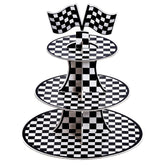 Hmxpls racing car stand top tier view displaying cupcakes on a sturdy triple-tier setup.