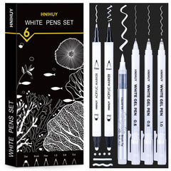 HNIHUY white ink pens 6-pack on black paper for bold highlights and crisp details.
