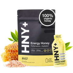 HNY+ Buzz energy gel pack for on-the-go fueling and quick carbs.