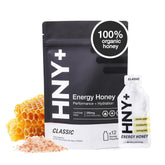 HNY+ organic honey energy gel packaging shows eco-friendly design for on-the-go fueling.