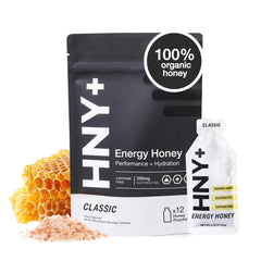 HNY+ organic honey energy gel packaging shows eco-friendly design for on-the-go fueling.