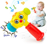 Hola hammer toy with top button lights up, inviting tactile play and cause-and-effect exploration.