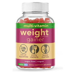 Holistic MD Gainer Gummies bottle front label, 60-count vegan, non-GMO supplement.