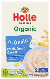 Holle Wholegrain Four Grain Cereal packaging view, ideal for planning organic baby meals.