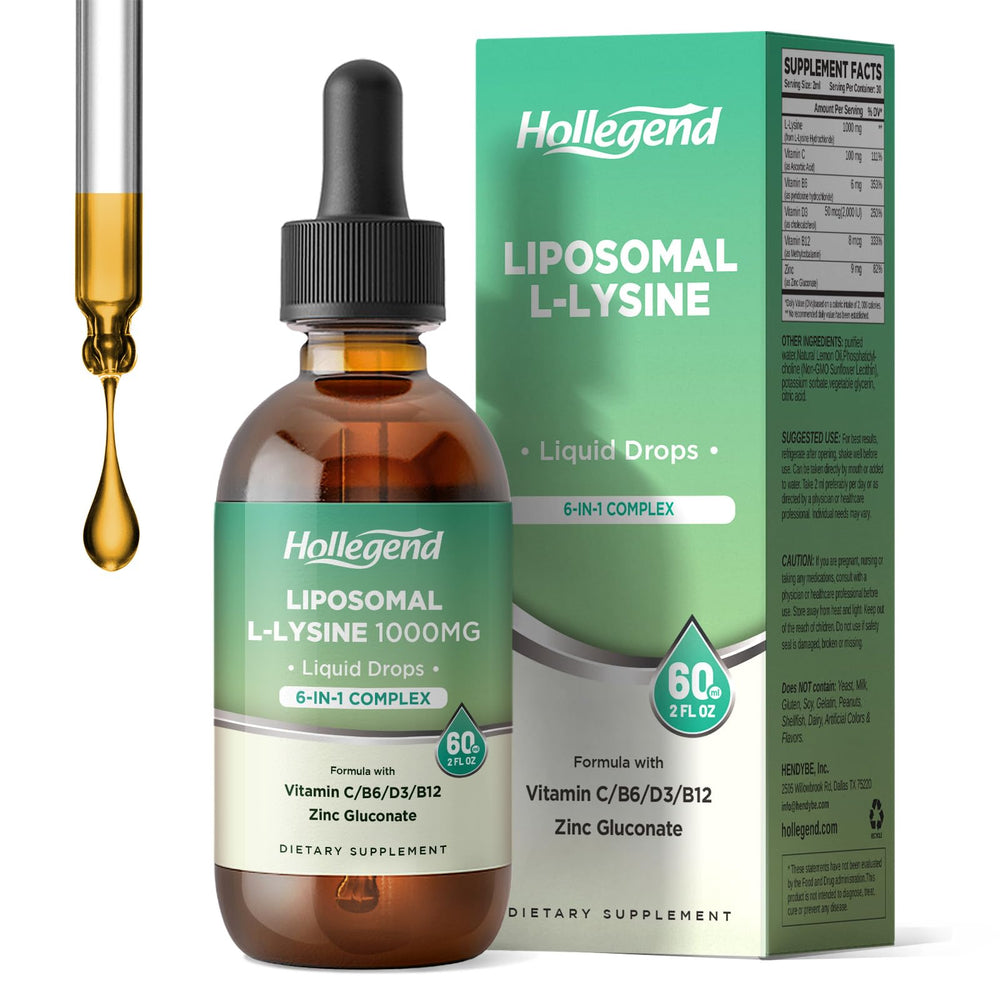 HOLLEGEND Liposomal L-lysine Drops bottle highlighting stability and absorption