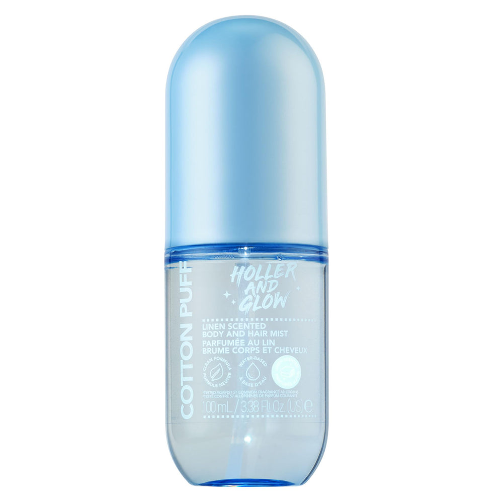 Holler And Glow cotton puff mist bottle close-up for everyday freshness.