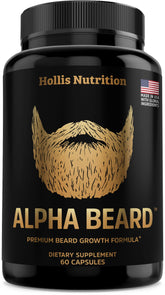 Hollis Nutrition ALPHA BEARD bottle front for daily beard growth support.
