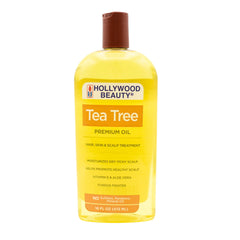 Hollywood Beauty Tea Tree Oil bottle with vitamin E and aloe blend for scalp care.