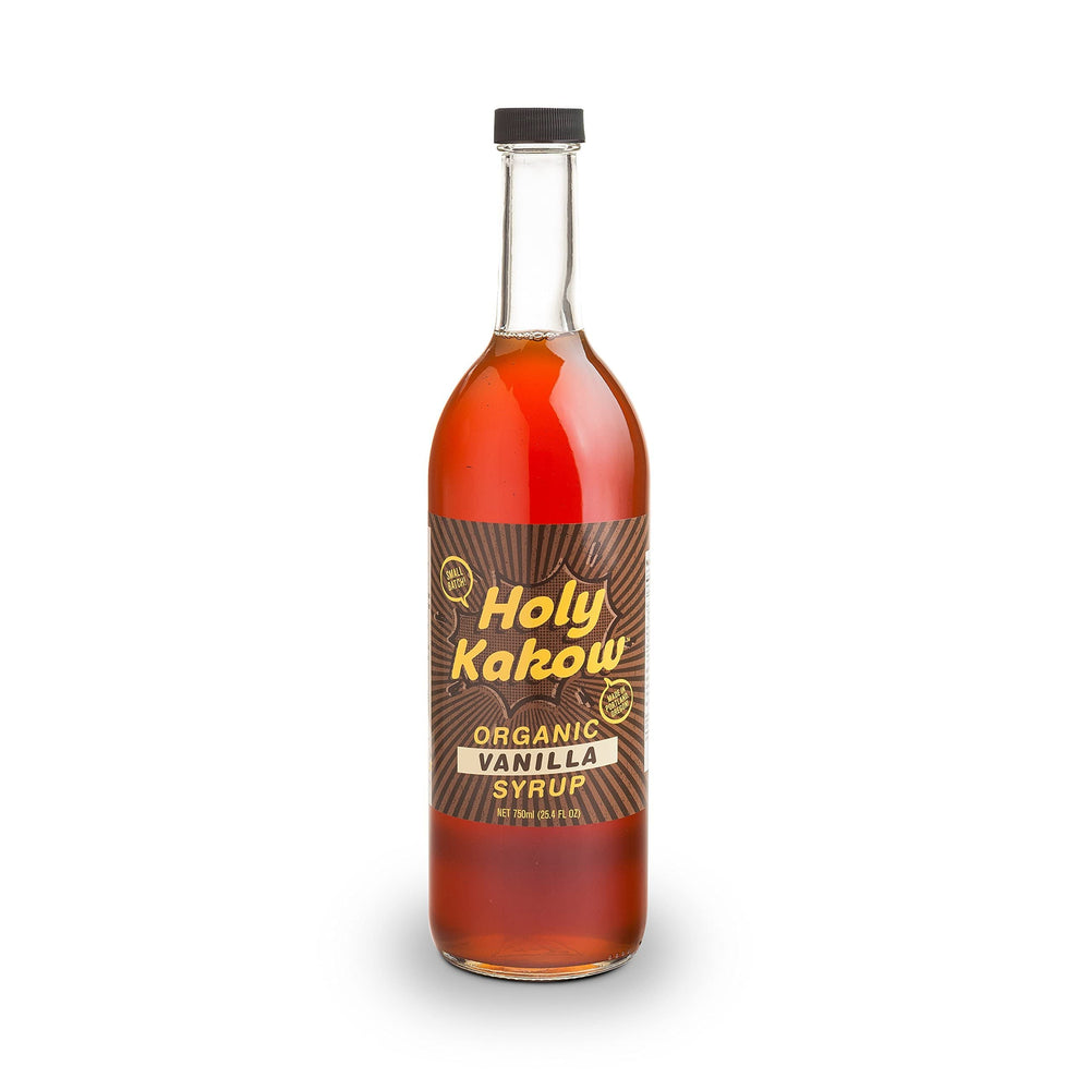 Holy Kakow vanilla syrup bottle highlighting real-food ingredients for rich coffee flavor.