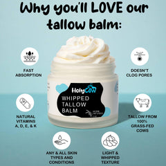 HolyCow tallow balm texture close-up shows creamy hydration.