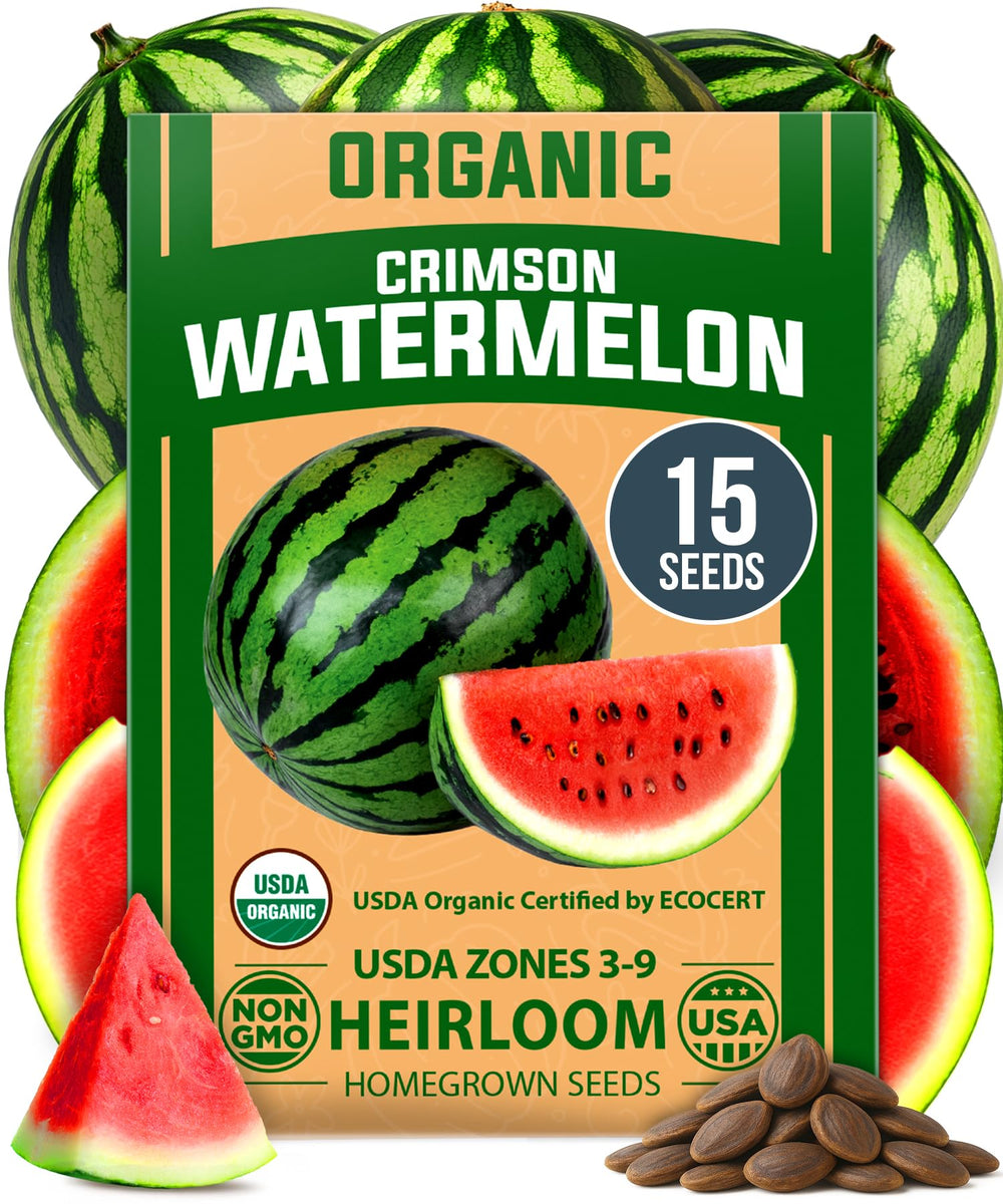 HOME GROWN Crimson Sweet seeds pack highlighting organic heritage and high germination potential.