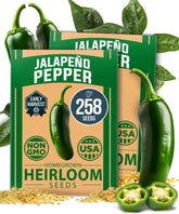 HOME GROWN jalapeno seeds packaging showing 258 high-germination heirloom seeds for reliable starts.