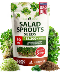 HOME GROWN sprouting seeds mix in resealable pouch for year-round indoor sprouts.