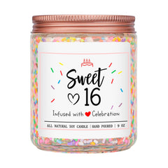 Homsolver Sweet 16th birthday candle jar with sprinkles, creating a festive atmosphere.