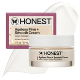 Honest Beauty Ageless Firm and Smooth Cream tube front, fragrance-free for all skin types.