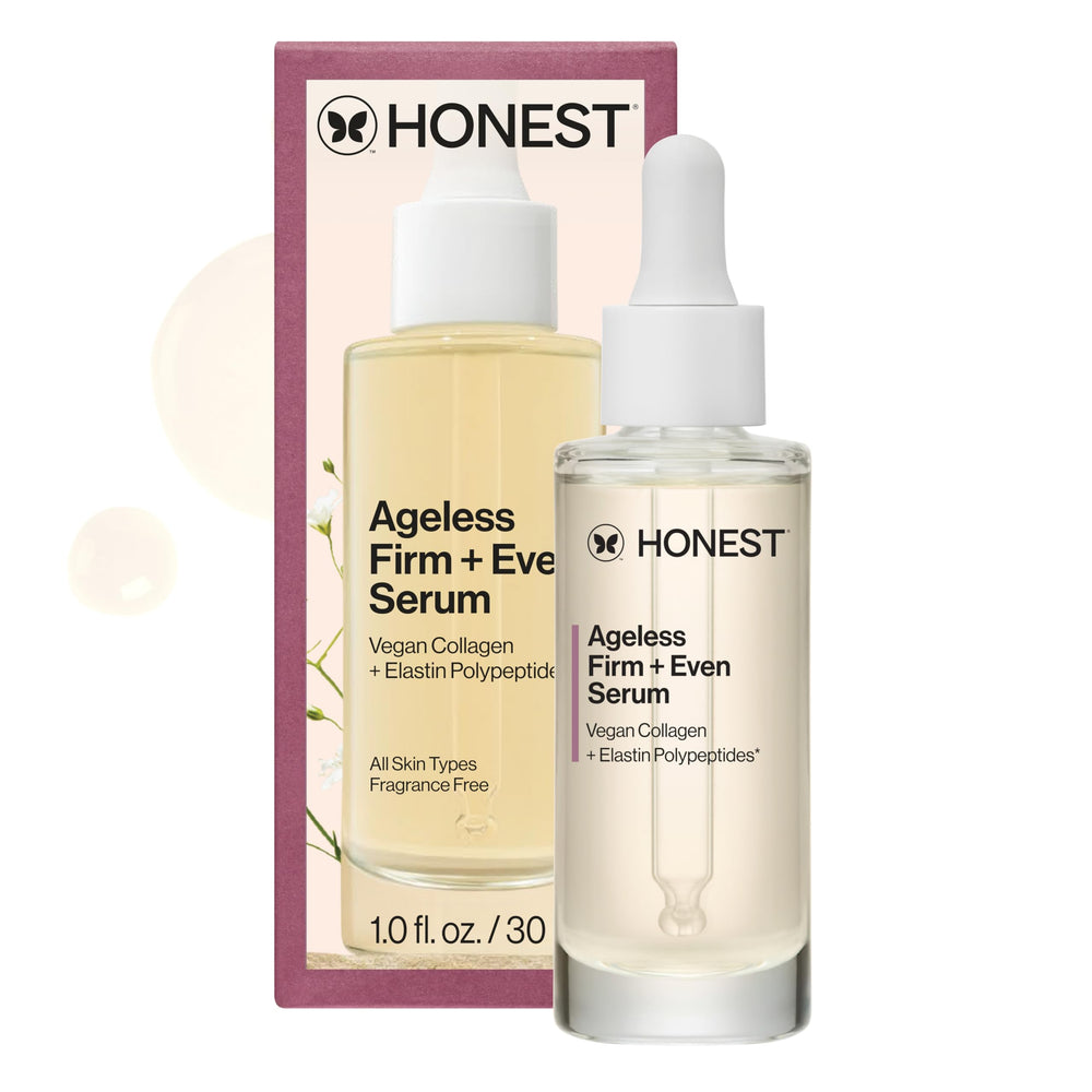 Honest Beauty Ageless Serum bottle on vanity for firmer-looking skin