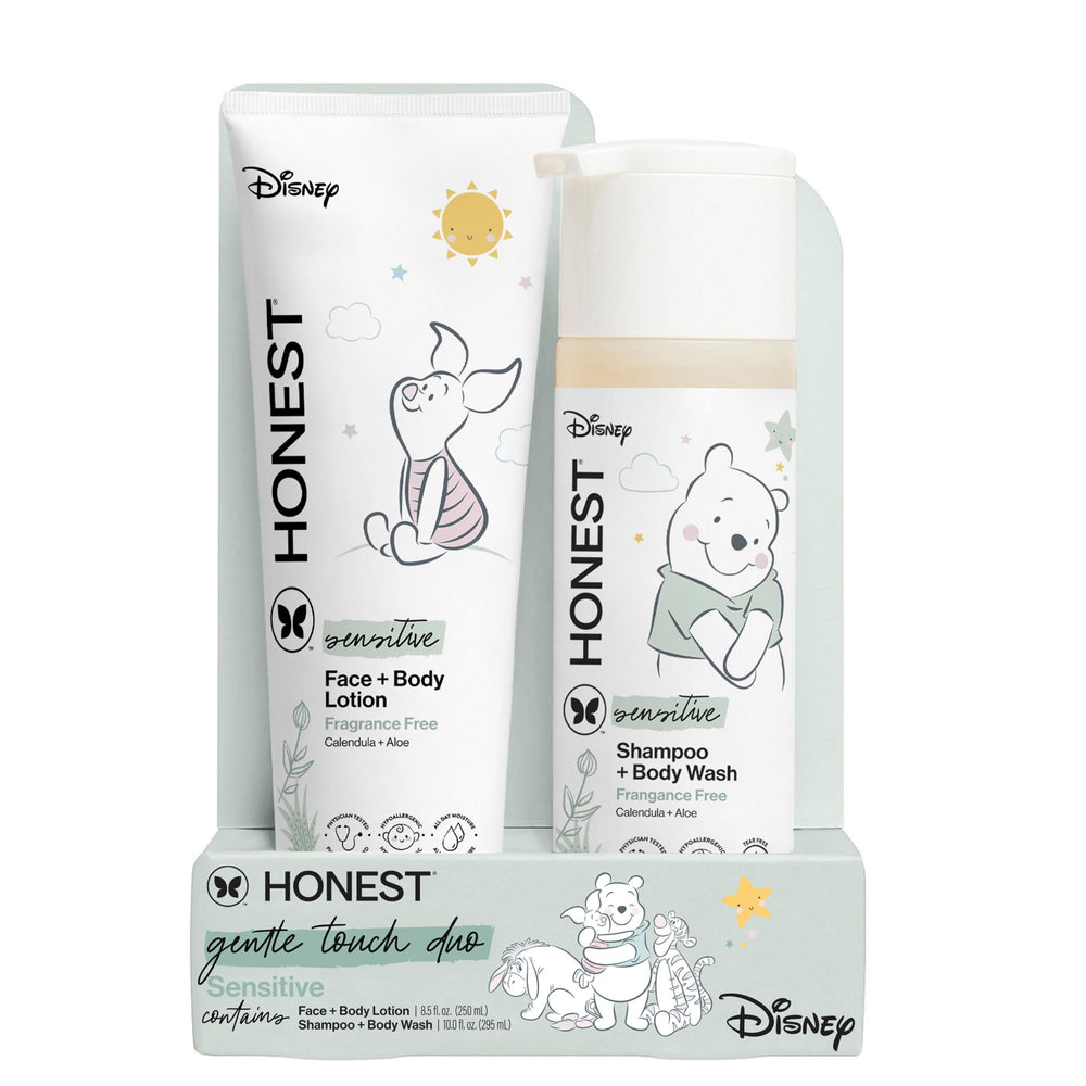 The Honest Disney 2-in-1 shampoo bottle pour demonstrates gentle cleansing for baby's hair