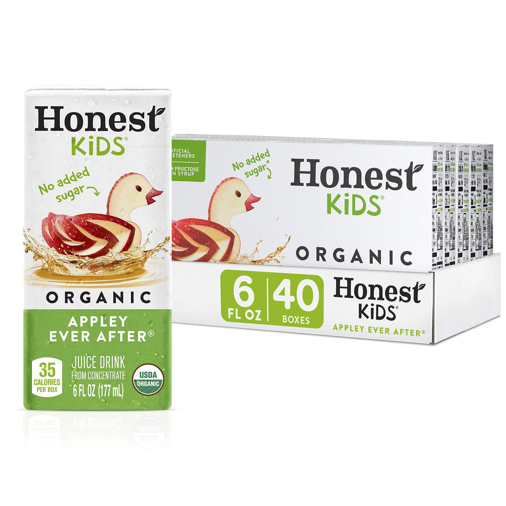 Honest Kids Appley Ever After bottle closeup with crisp organic juice.