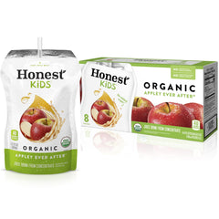Honest Kids Appley Ever After bottle closeup with crisp organic juice.