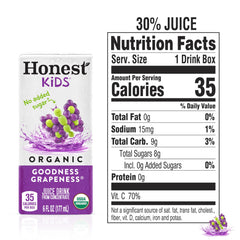 Pouring Honest Kids Goodness Grapeness juice into a glass for kids