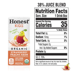 Honest Kids Strawberry Peachy Keen carton back, showing ingredient transparency and Vitamin C.