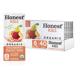 Honest Kids Strawberry Peachy Keen carton front view, kid-friendly lunchbox option.