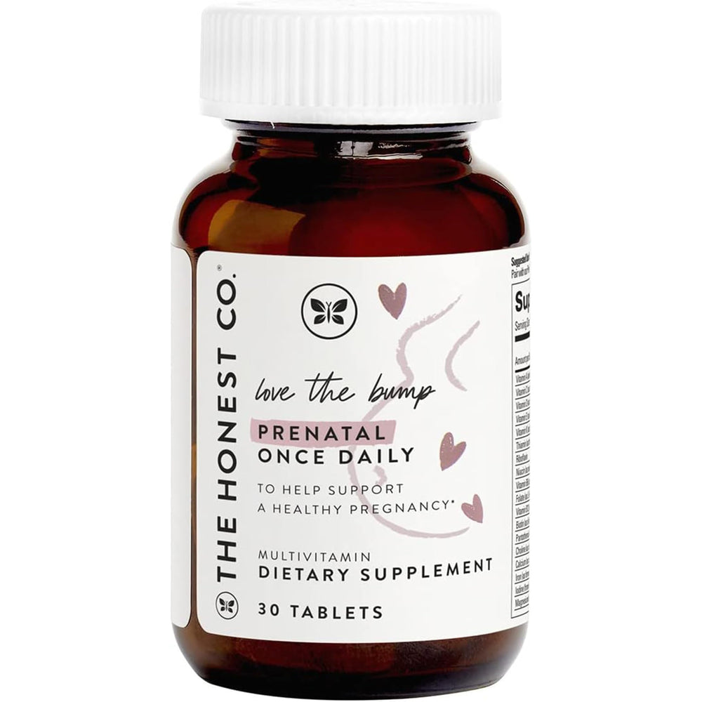 The Honest Company Love Bump bottle label shows NSF-certified non-GMO prenatal formula.