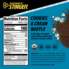 Honey Stinger cookies and cream waffle close-up highlighting gooey filling and crispy texture.