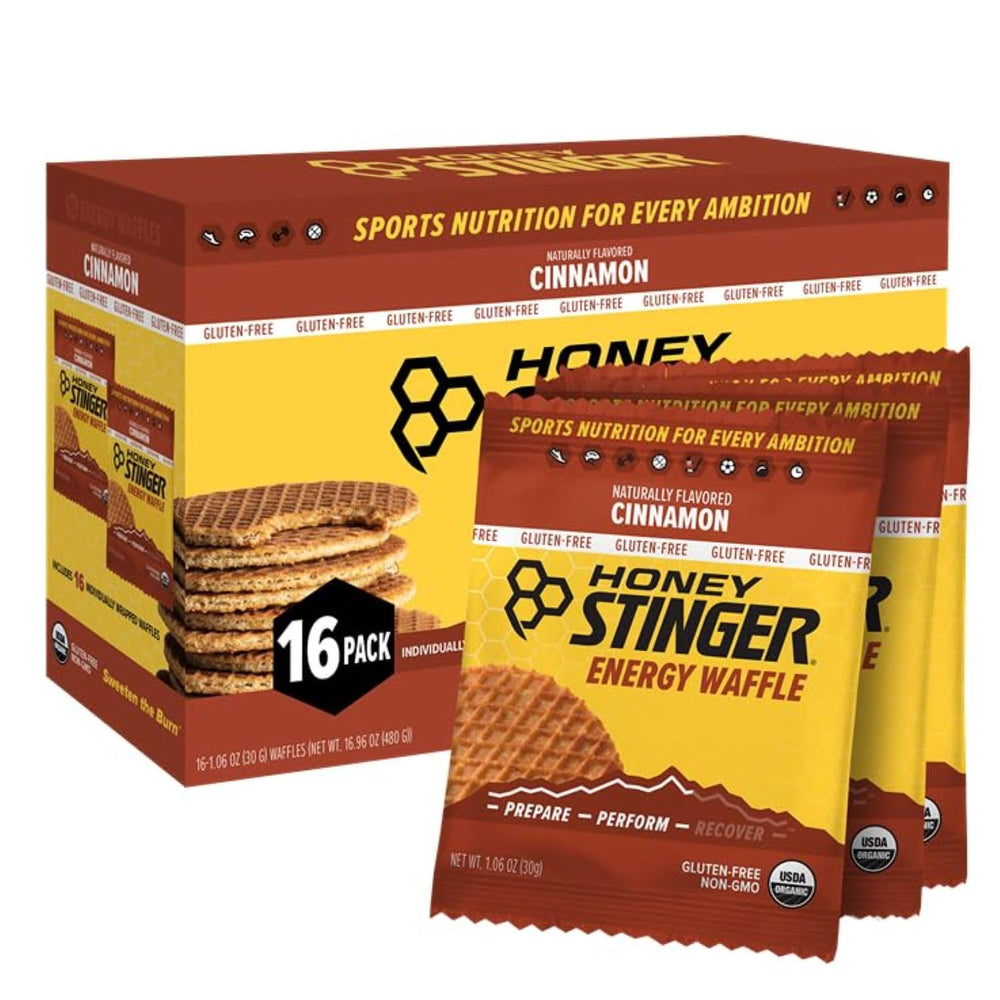 Honey Stinger organic cinnamon waffle box, gluten-free energy snack for workouts.