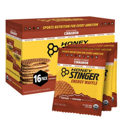 Honey Stinger organic cinnamon waffle box, gluten-free energy snack for workouts.