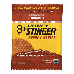 Honey Stinger organic cinnamon waffle packaging highlighting organic ingredients and no artificial additives.