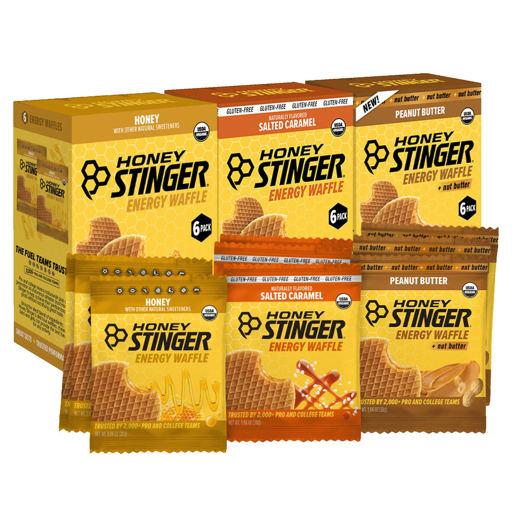 Honey Stinger Organic Energy Waffle variety pack on display for quick pre-workout fueling.