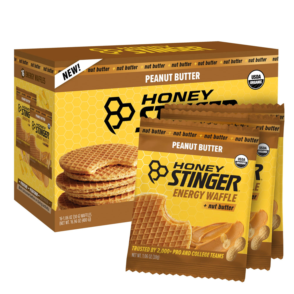 Honey Stinger Organic Peanut Butter Waffle pack front view for pre workout fueling