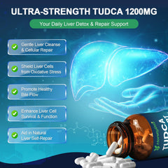 Honeylitte TUDCA bottle pour illustrates easy to swallow capsules with meals