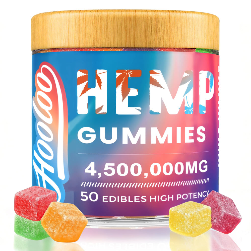 HOOLOO Hemp Gummies bottle displays six flavors for calm focus.
