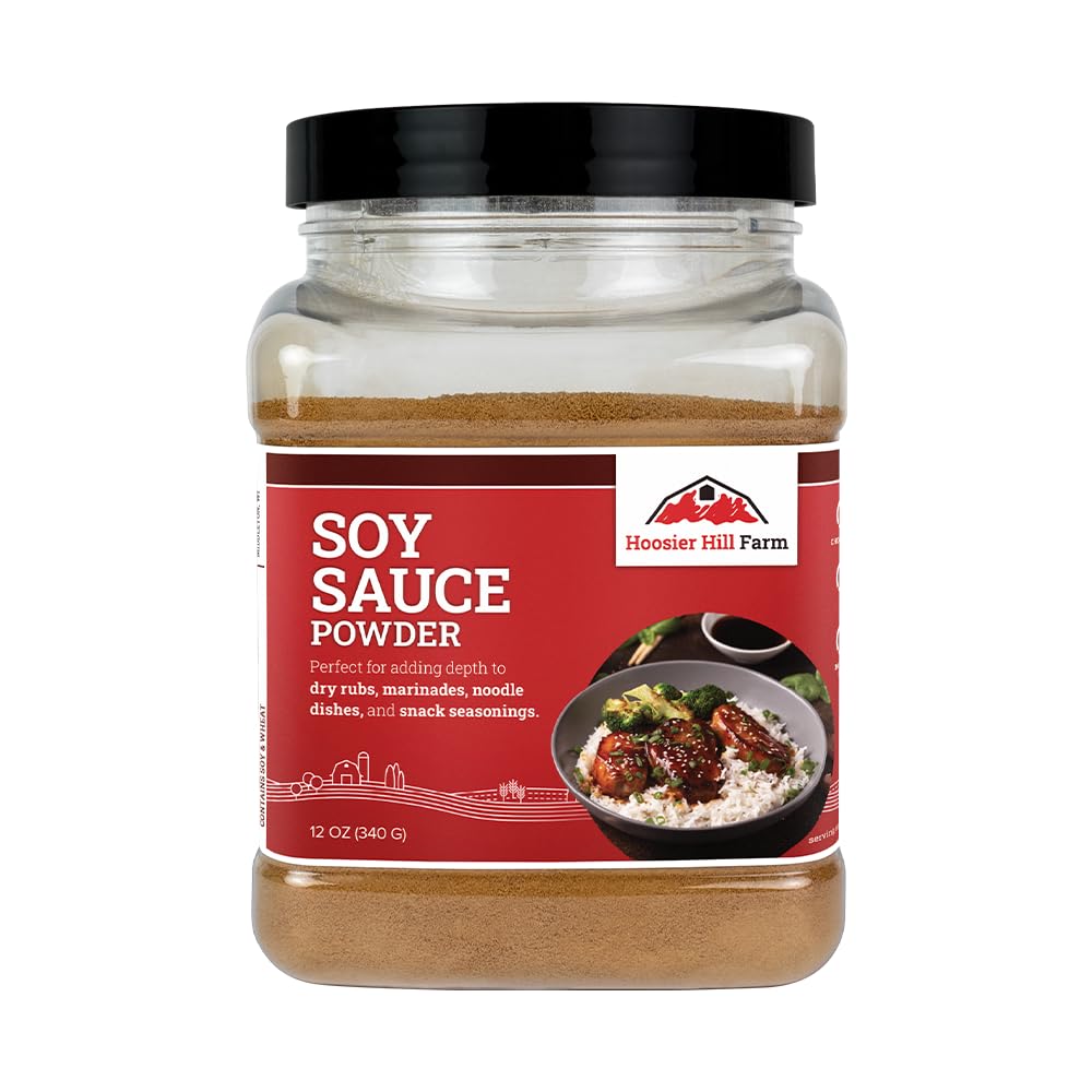 Hoosier Hill Farm Soy Sauce Powder jar on shelf, ideal for quick seasoning and marinades
