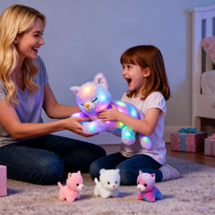 Hopearl rainbow kittens beside color-changing lights on the plush.
