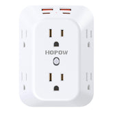HOPOW outlet extender with 6 outlets and 4 USB ports enables simultaneous device charging.
