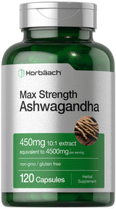 Horbäach Ashwagandha bottle label close-up highlighting max strength formula for daily wellness.