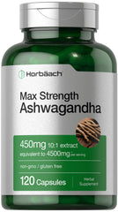 Horbäach Ashwagandha bottle label close-up highlighting max strength formula for daily wellness.