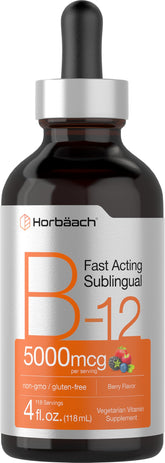 Horbaach B12 5000 mcg sublingual bottle with berry flavor for quick absorption.