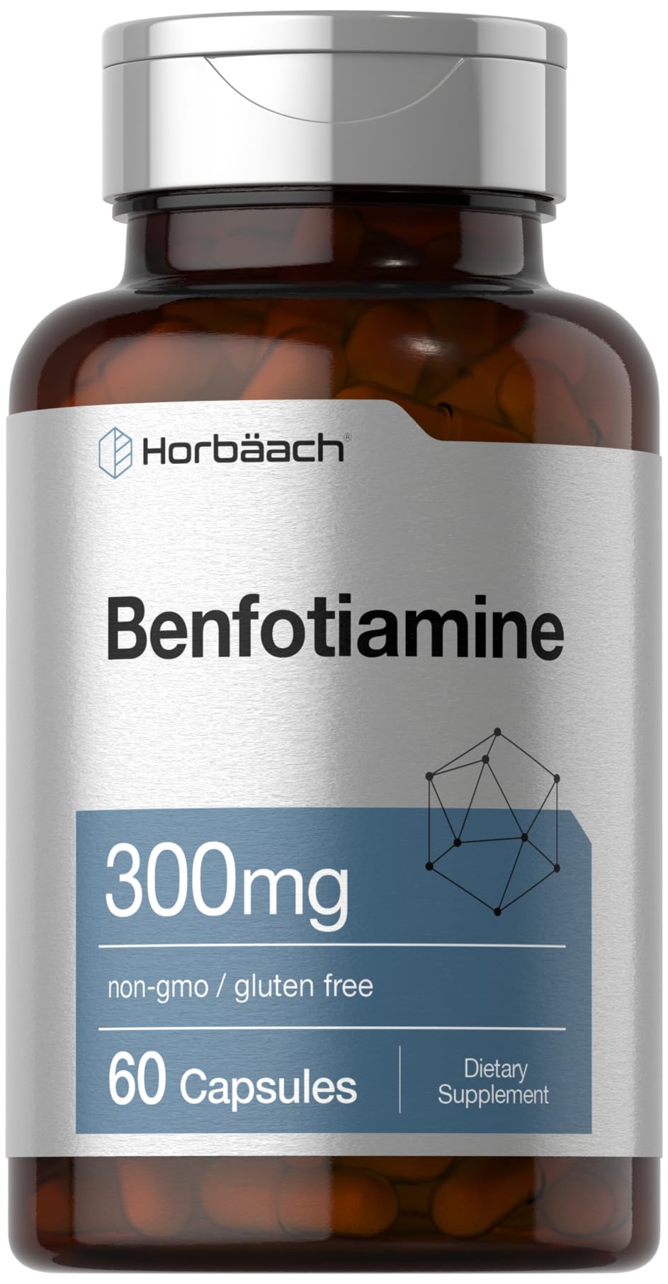Horbaach Benfotiamine 300mg bottle with easy daily capsules