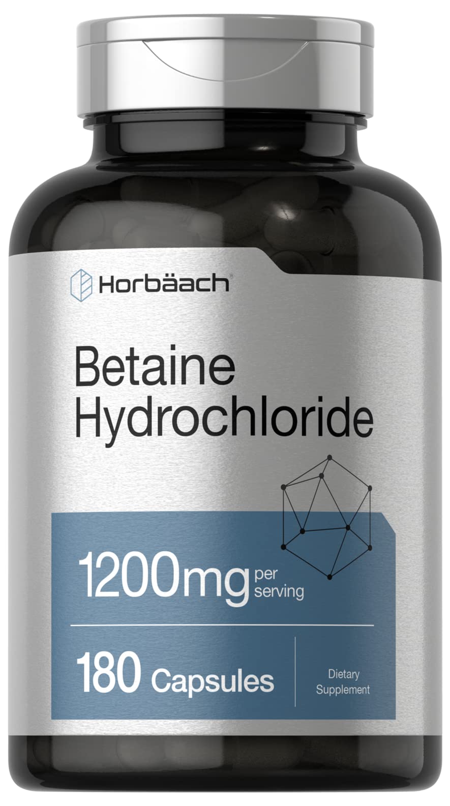 Horbäach Betaine HCl bottle front with quick-release capsules for daily digestive support