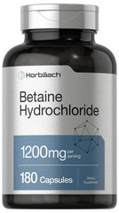 Horbäach Betaine HCl bottle front with quick-release capsules for daily digestive support