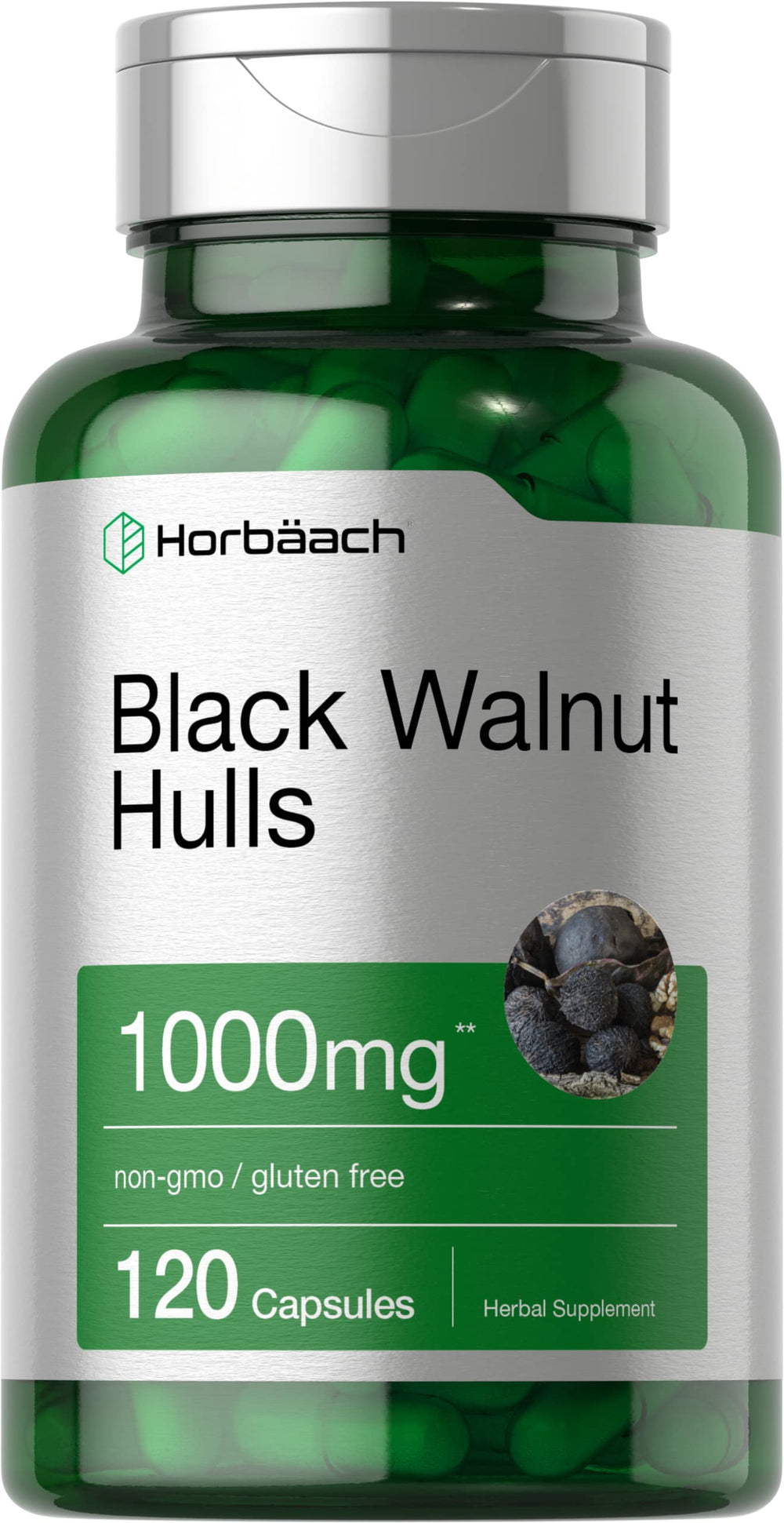 Horbaach Black Walnut Hulls capsules close-up, convenient daily supplement.